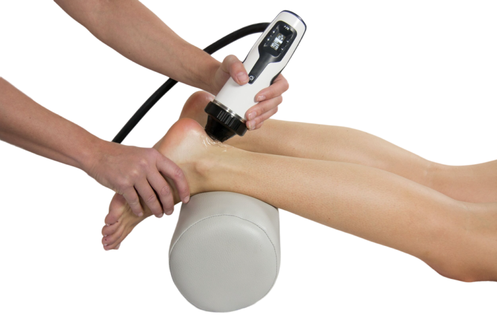 focused shockwave therapy device being used on ankle